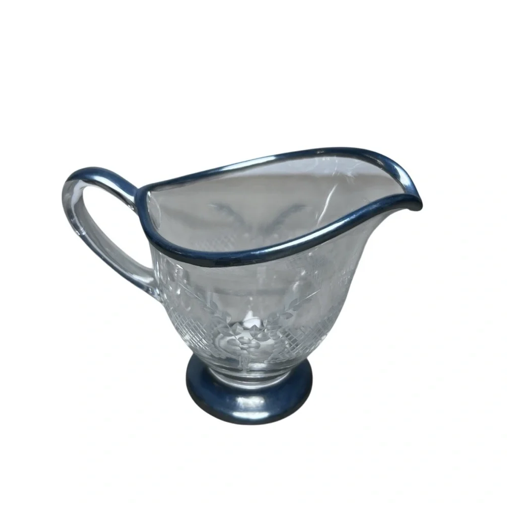 Vintage Delicate Etched Glass Creamer Floral & Lattice Pattern‎ Silver Overlay